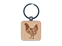 Floral Chicken Engraved Wood Square Keychain Tag Charm