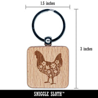 Floral Chicken Engraved Wood Square Keychain Tag Charm