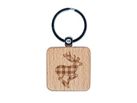 Plaid Deer Buck Buffalo Print Engraved Wood Square Keychain Tag Charm