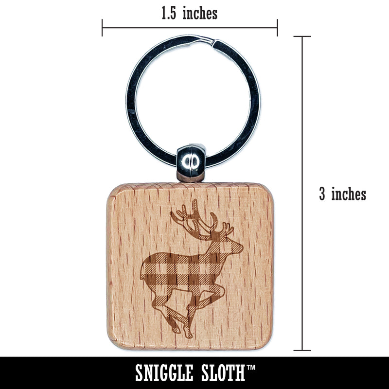 Plaid Deer Buck Buffalo Print Engraved Wood Square Keychain Tag Charm