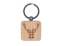 Plaid Deer Stag Head Buffalo Print Engraved Wood Square Keychain Tag Charm