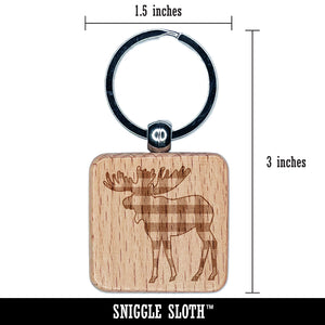 Plaid Moose Buffalo Print Engraved Wood Square Keychain Tag Charm