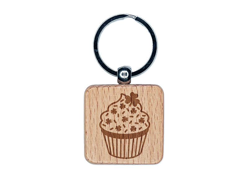 Shamrock Sprinkle Cupcake St. Patrick's Day Engraved Wood Square Keychain Tag Charm
