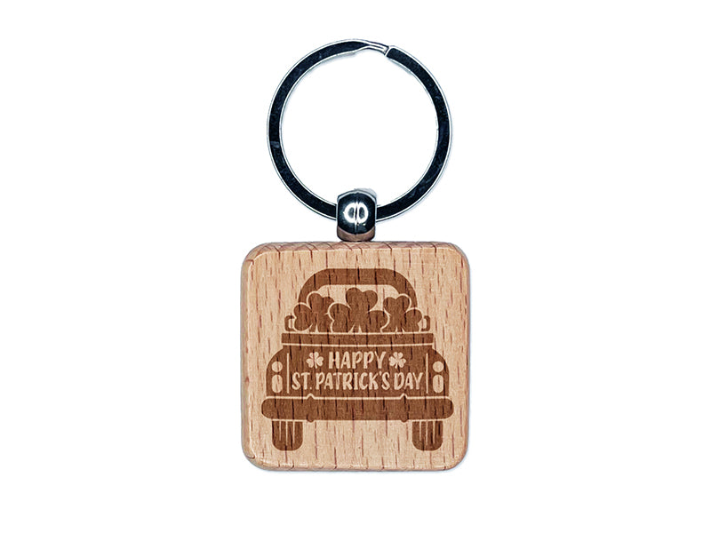 St. Patrick's Day Truck Engraved Wood Square Keychain Tag Charm
