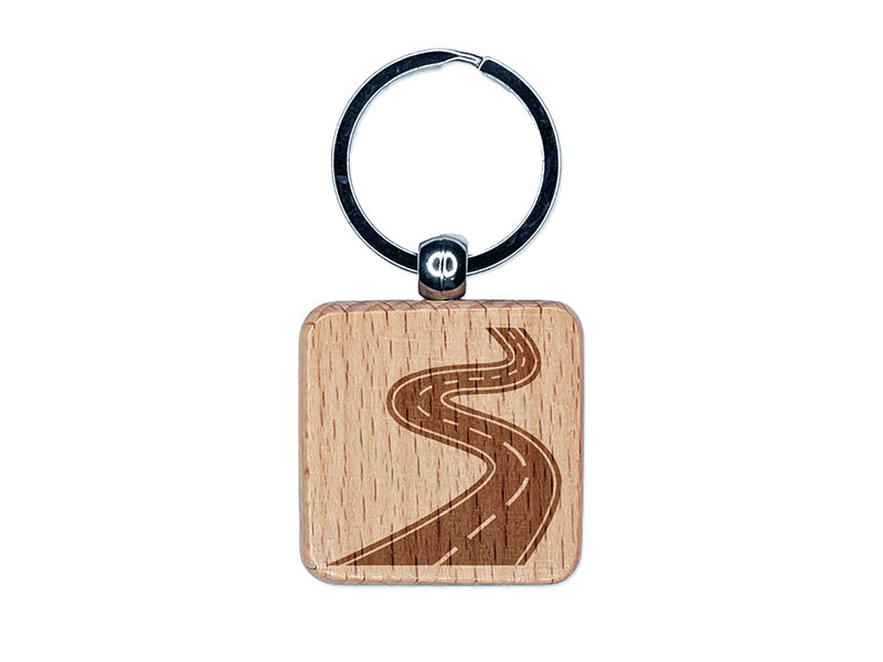 Winding Road Engraved Wood Square Keychain Tag Charm