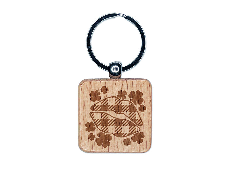 Buffalo Plaid Lips in Patch of Clovers St. Patrick's Day Engraved Wood Square Keychain Tag Charm