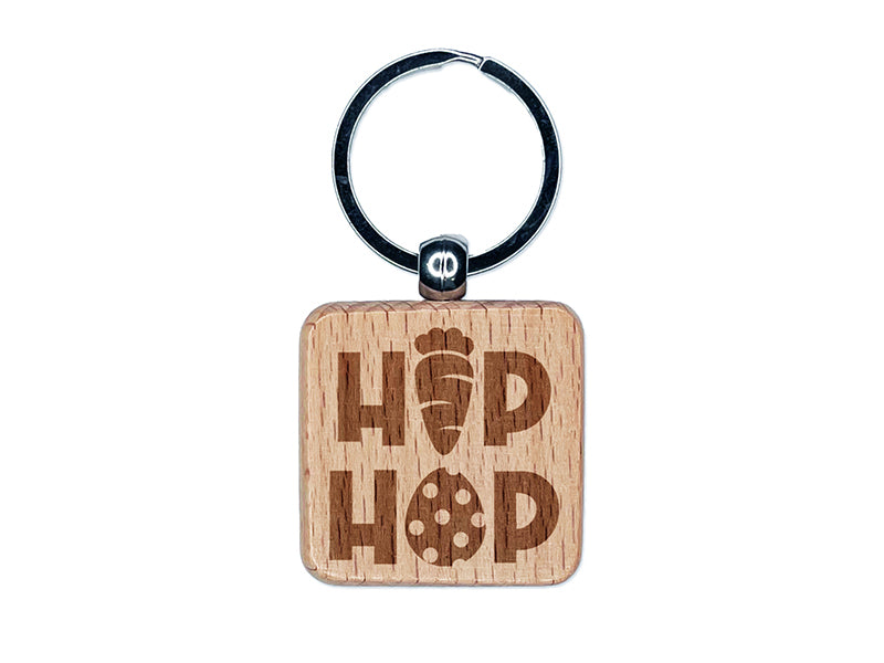 Bunny Hip Hop Carrot and Easter Egg Engraved Wood Square Keychain Tag Charm