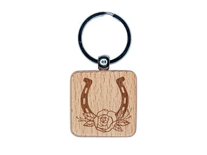 Classy Horseshoe with Rose Cowboy Cowgirl Western Farm Ranch Horses Engraved Wood Square Keychain Tag Charm