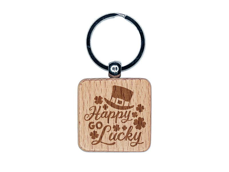 Happy Go Lucky Leprechaun Hat Shamrocks St. Patrick's Day Engraved Wood Square Keychain Tag Charm