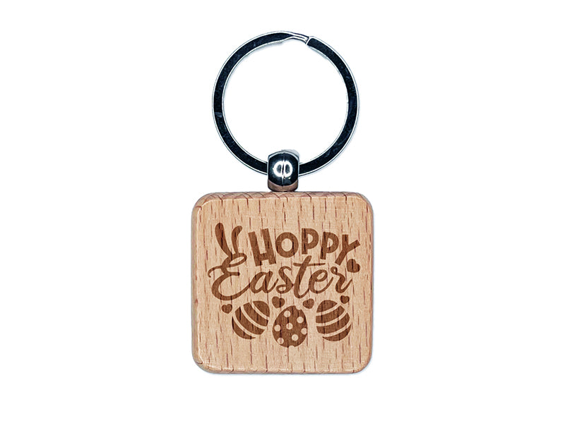 Happy Hoppy Easter Eggs with Bunny Ears Engraved Wood Square Keychain Tag Charm