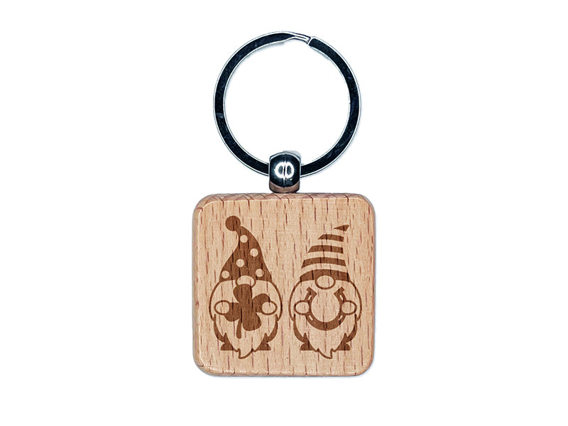 Pair of Saint Patrick's Day Gnomes Engraved Wood Square Keychain Tag Charm