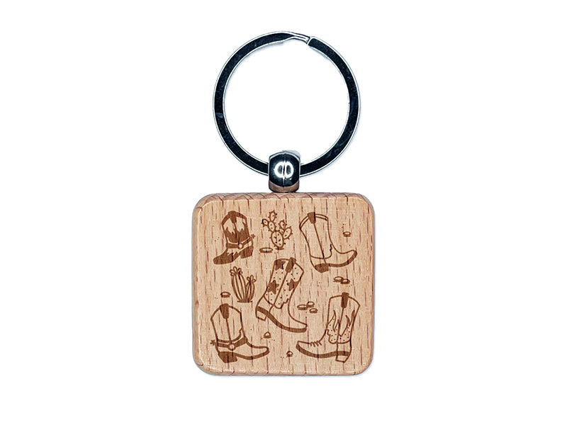 Western Cowboy Boots Engraved Wood Square Keychain Tag Charm