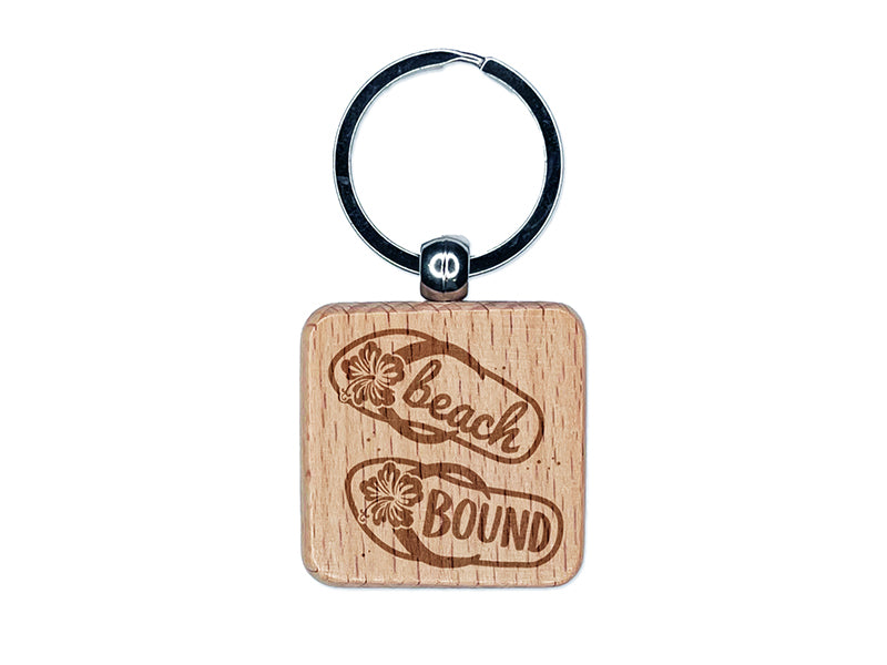 Beach Bound Sandals Flip Flops Hibiscus Engraved Wood Square Keychain Tag Charm
