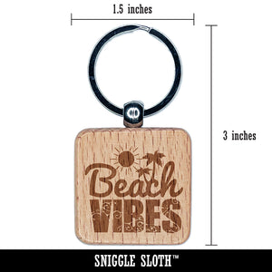 Beach Vibes with Sun and Waves Engraved Wood Square Keychain Tag Charm