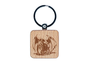 Cthulhu Eldritch Horror Rising From the Ocean Engraved Wood Square Keychain Tag Charm