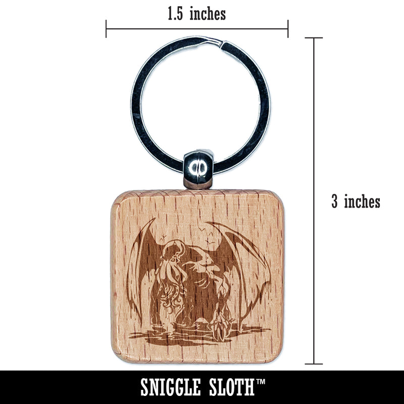 Cthulhu Eldritch Horror Rising From the Ocean Engraved Wood Square Keychain Tag Charm