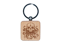 Cthulhu Skull with Octopus Tentacles Eldritch Horror Engraved Wood Square Keychain Tag Charm