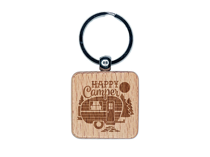 Happy Camper Trailer Camping Engraved Wood Square Keychain Tag Charm