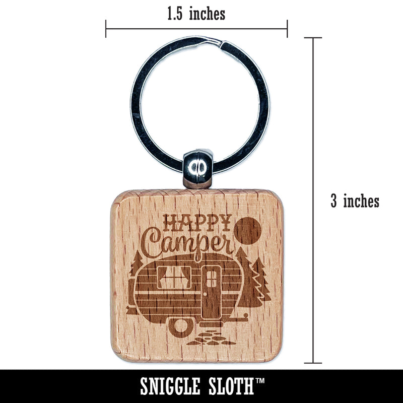 Happy Camper Trailer Camping Engraved Wood Square Keychain Tag Charm