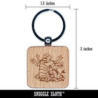 Kraken Titan Clashing with Waves Engraved Wood Square Keychain Tag Charm