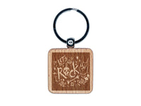 Let's Rock Roll Music Skull Hand Sign Engraved Wood Square Keychain Tag Charm
