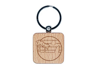 Retro Rainbow Beach Sunset Palm Trees Surfboard Engraved Wood Square Keychain Tag Charm