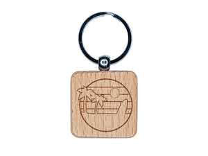 Retro Rainbow Beach Sunset Palm Trees Surfboard Engraved Wood Square Keychain Tag Charm