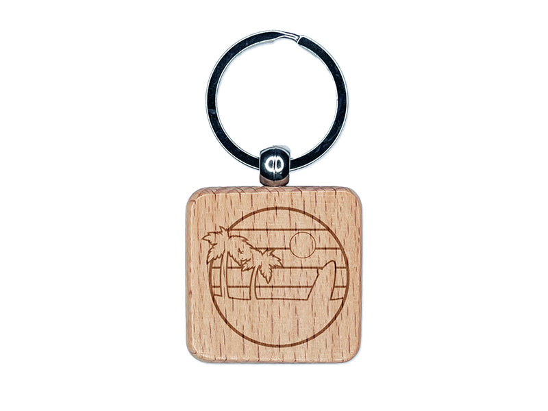 Retro Rainbow Beach Sunset Palm Trees Surfboard Engraved Wood Square Keychain Tag Charm