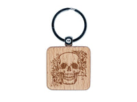 Skull and Roses Flowers Bones Engraved Wood Square Keychain Tag Charm