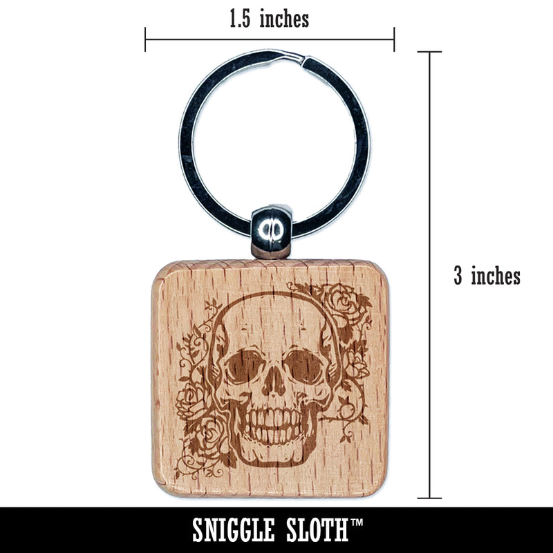 Skull and Roses Flowers Bones Engraved Wood Square Keychain Tag Charm