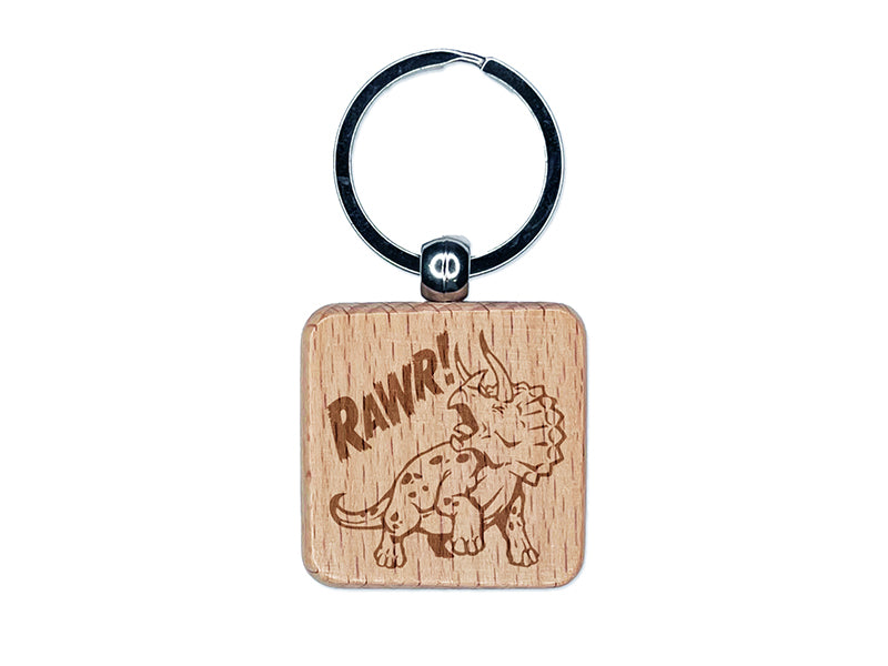 Triceratops Rawr Roar Dinosaur Engraved Wood Square Keychain Tag Charm