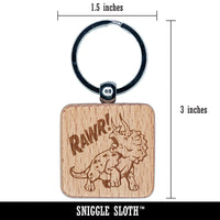 Triceratops Rawr Roar Dinosaur Engraved Wood Square Keychain Tag Charm