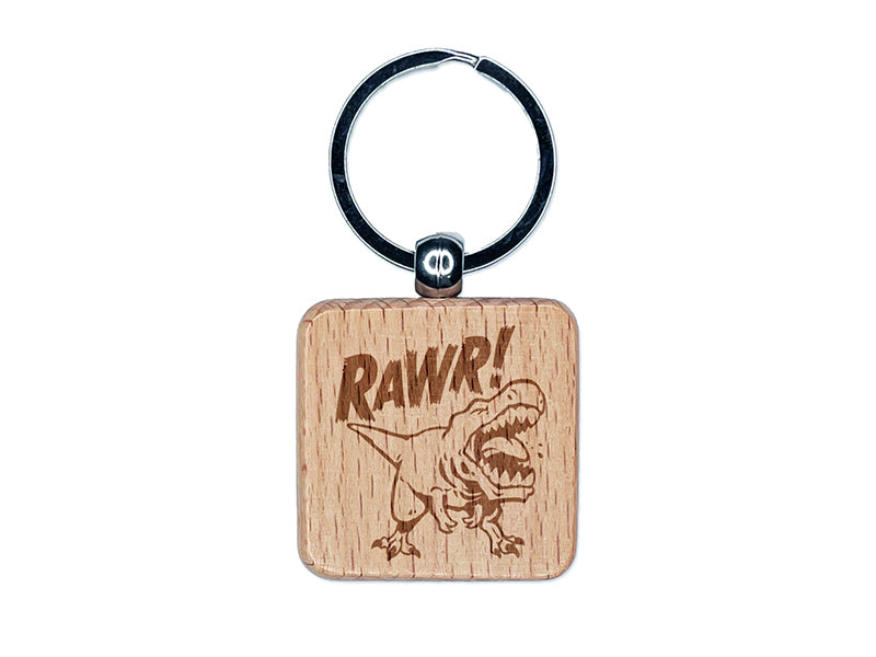 Tyrannosaurus Rex Rawr Roar Dinosaur Engraved Wood Square Keychain Tag Charm