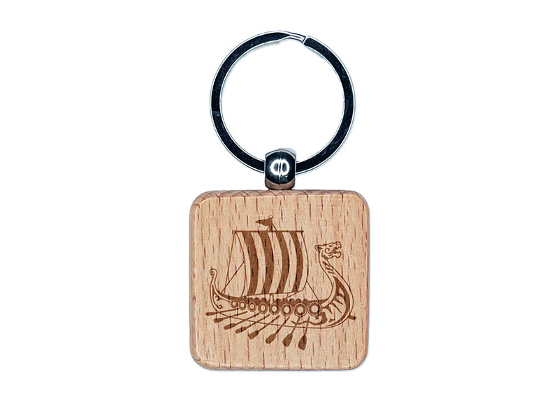 Viking Dragon Longboat Ship Engraved Wood Square Keychain Tag Charm