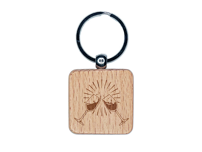 Wine Glasses Toasting Engraved Wood Square Keychain Tag Charm