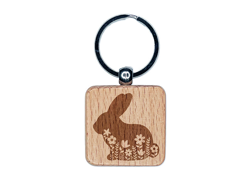 Floral Bunny Easter Engraved Wood Square Keychain Tag Charm