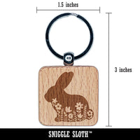 Floral Bunny Easter Engraved Wood Square Keychain Tag Charm
