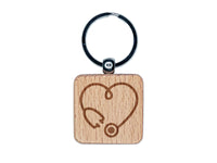 Heart Stethoscope Nurse Essential Worker Doctor Engraved Wood Square Keychain Tag Charm