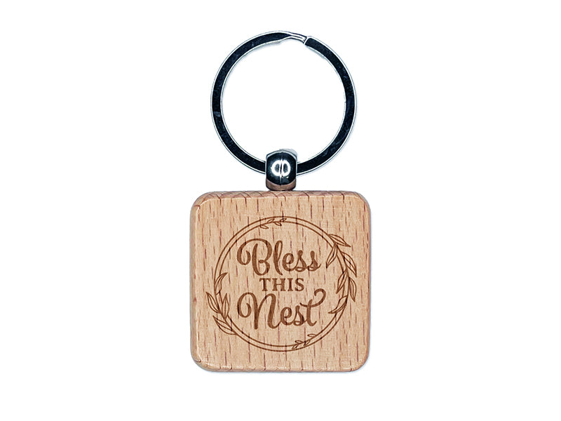 Bless This Nest Leaf Frame Detail Engraved Wood Square Keychain Tag Charm