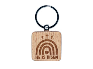 Easter Rainbow He is Risen Three Crosses Engraved Wood Square Keychain Tag Charm