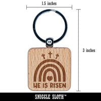 Easter Rainbow He is Risen Three Crosses Engraved Wood Square Keychain Tag Charm