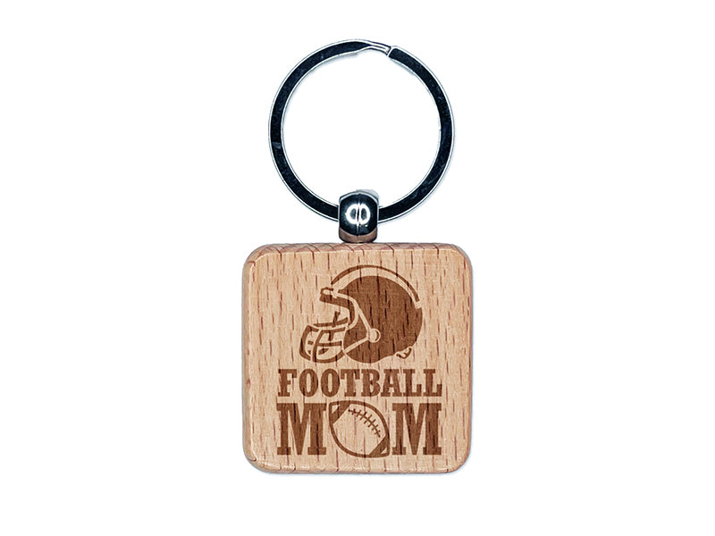 Football Mom Helmet Engraved Wood Square Keychain Tag Charm