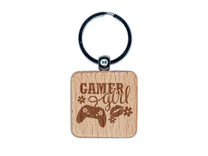 Gamer Girl with Controller Engraved Wood Square Keychain Tag Charm