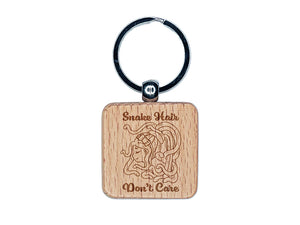 Medusa Snake Hair Don't Care Engraved Wood Square Keychain Tag Charm