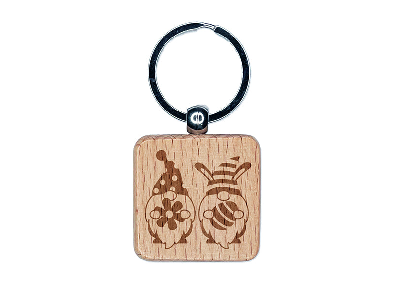Pair of Easter Day Gnomes Egg Flower Spring Engraved Wood Square Keychain Tag Charm