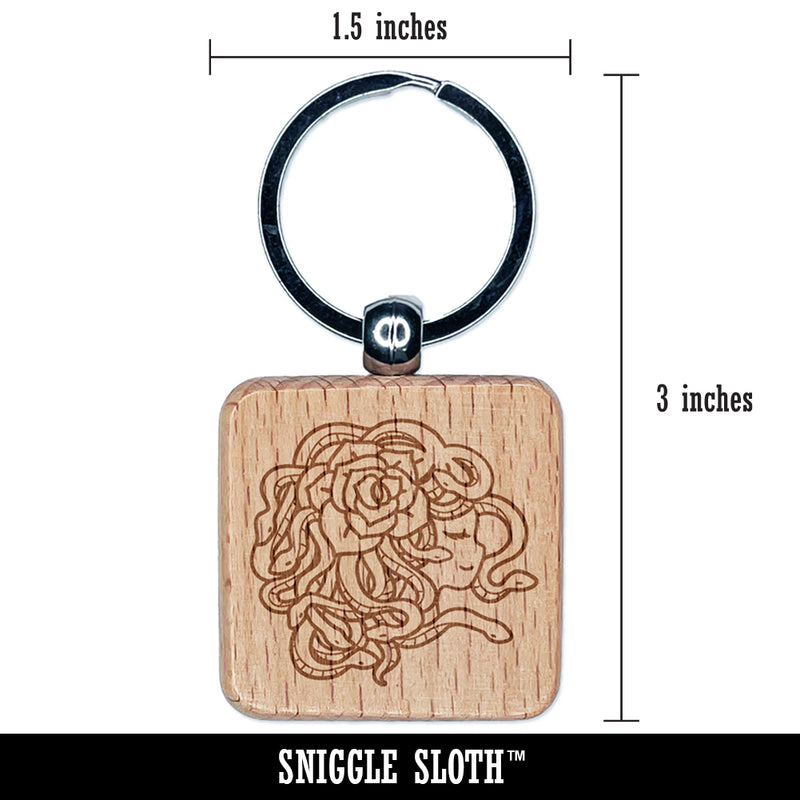 Resting Medusa with Rose Engraved Wood Square Keychain Tag Charm