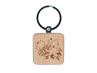 Adorable Sweet Kraken Squid Sea Monster Hug Ship Engraved Wood Square Keychain Tag Charm