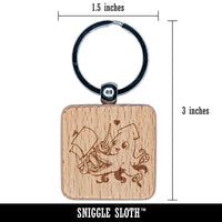 Adorable Sweet Kraken Squid Sea Monster Hug Ship Engraved Wood Square Keychain Tag Charm