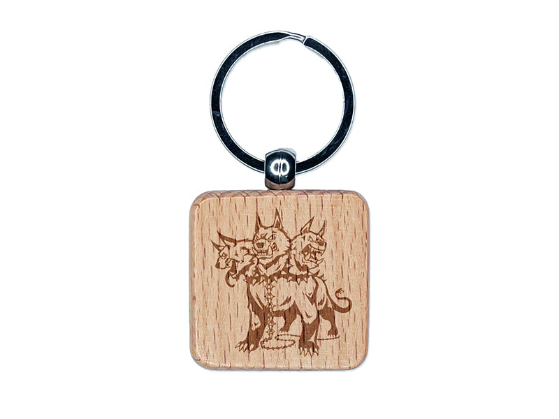 Cerberus Three Headed Hell Hound Dog Hades Greek Mythology Engraved Wood Square Keychain Tag Charm