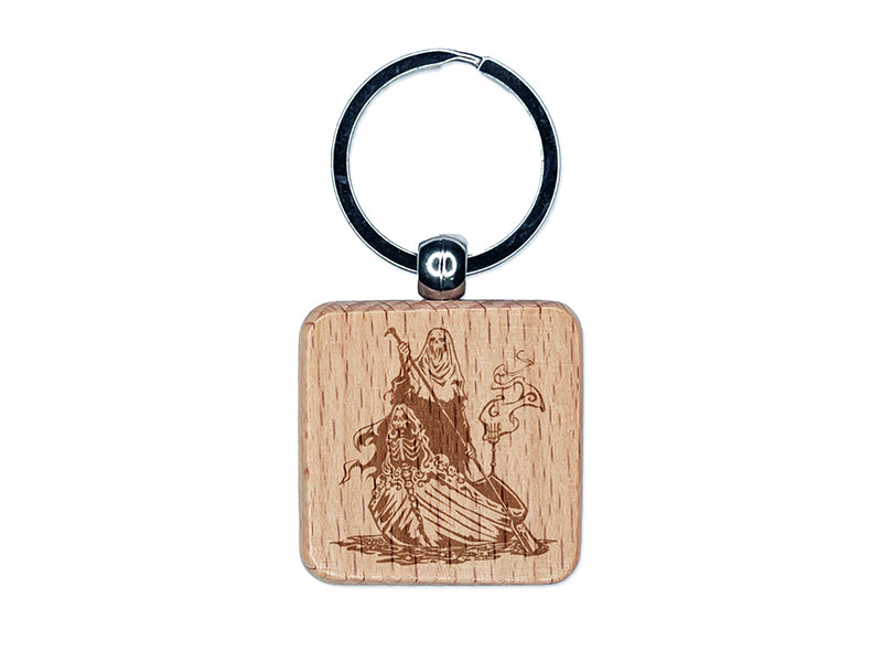 Charon Ferryman Acheron River Styx Death Skull Engraved Wood Square Keychain Tag Charm